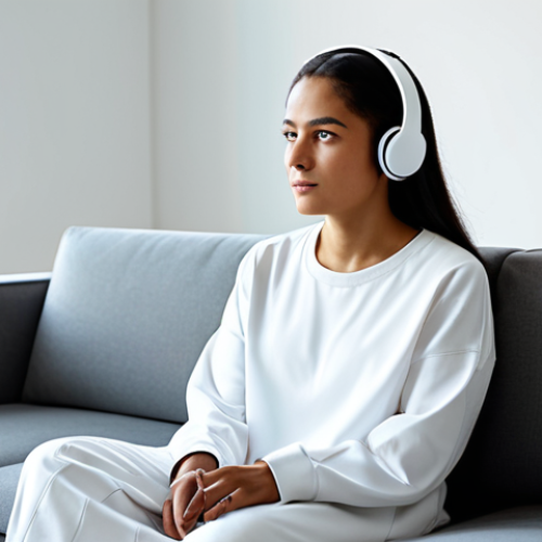 A young adult, ethnically ambiguous, fully clothed in comfortable, modest loungewear, sits peacefully on a modern, minimalist sofa in a light-filled living room. They are wearing a sleek, futuristic neurofeedback headset and a subtle smart ring, their expression serene and focused. The background features blurred, soft ambient lighting and a clean, contemporary interior design. Perfect anatomy, correct proportions, well-formed hands, natural body proportions, natural pose. Professional photography, high resolution, soft focus, safe for work, appropriate content, family-friendly.