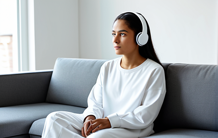 A young adult, ethnically ambiguous, fully clothed in comfortable, modest loungewear, sits peacefully on a modern, minimalist sofa in a light-filled living room. They are wearing a sleek, futuristic neurofeedback headset and a subtle smart ring, their expression serene and focused. The background features blurred, soft ambient lighting and a clean, contemporary interior design. Perfect anatomy, correct proportions, well-formed hands, natural body proportions, natural pose. Professional photography, high resolution, soft focus, safe for work, appropriate content, family-friendly.