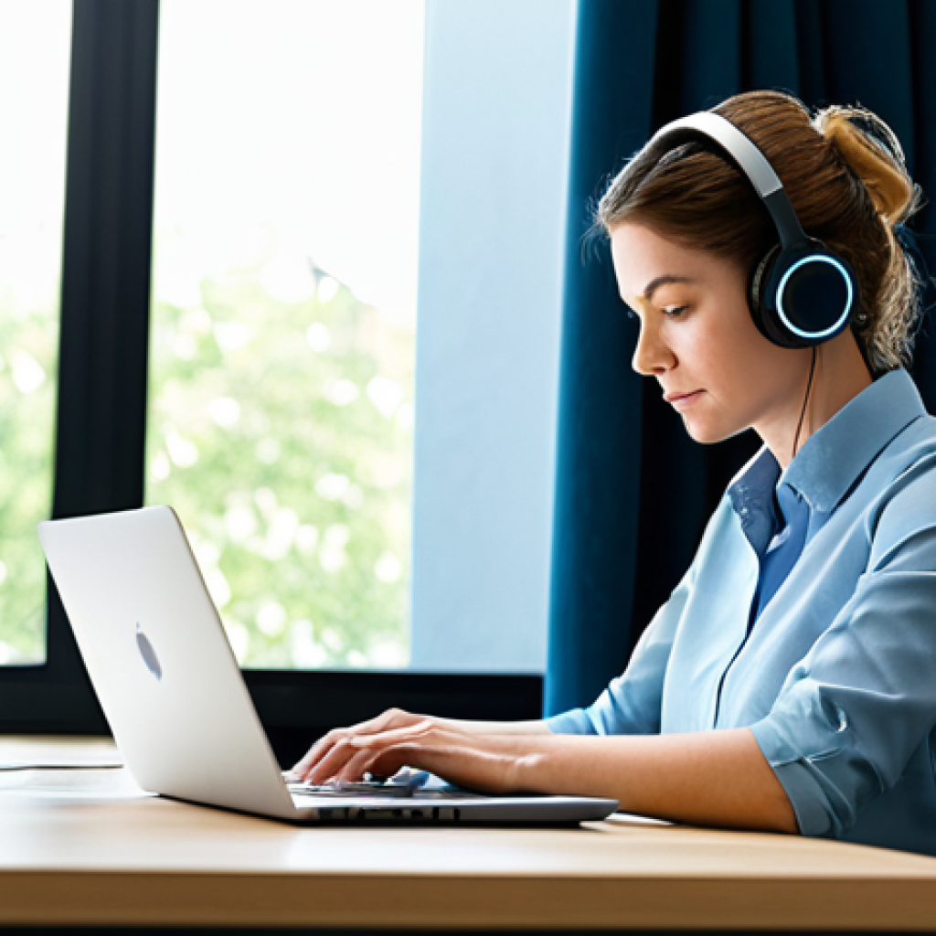 A focused professional woman in modest business casual attire, fully clothed, seated at a clean, modern desk in a well-lit home office with a large window. She is deeply concentrating on her laptop screen, wearing noise-canceling headphones. The scene conveys a sense of calm productivity, highlighting the importance of a distraction-free "deep work" environment. Professional photography, high quality, perfect anatomy, correct proportions, natural pose, well-formed hands, proper finger count, natural body proportions, safe for work, appropriate content, fully clothed, professional.