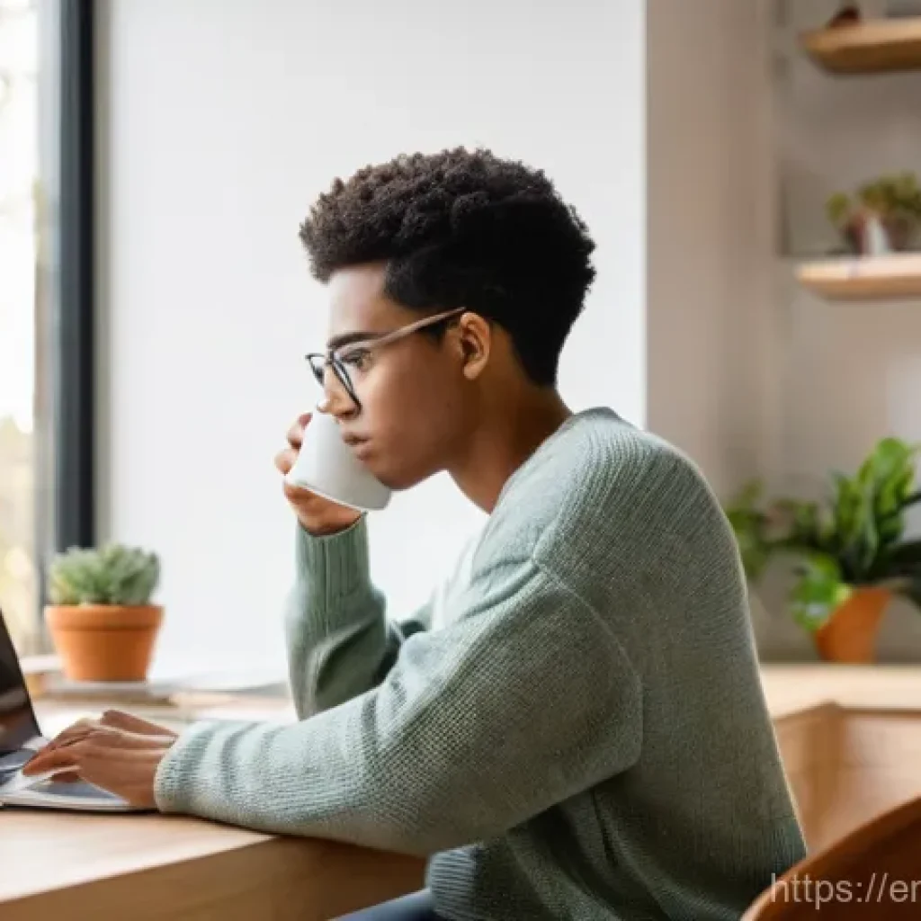 마인드풀테크와 디지털 웰빙 - **Prompt:** A young adult, gender-neutral, in their late 20s, sits comfortably in a minimalist home ...