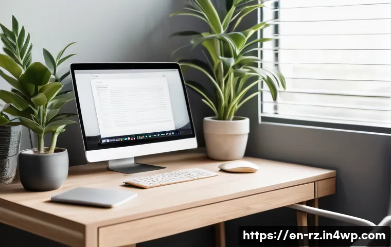 마인드풀테크와 생산성 향상 전략 - A modern, minimalist home office setup bathed in natural light, featuring a clean wooden desk with a...