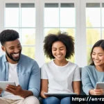 Home 19 마인드풀테크와 가족 관계 - A warm, cozy family living room scene showing a diverse family of four—two parents and two children ...