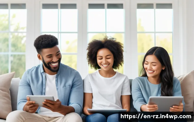 마인드풀테크와 가족 관계 - A warm, cozy family living room scene showing a diverse family of four—two parents and two children ...