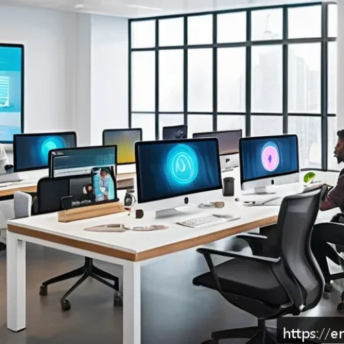 마인드풀테크의 윤리적 고려사항 - A modern workspace scene showing a diverse group of people collaborating on ethical technology desig...