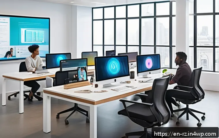마인드풀테크의 윤리적 고려사항 - A modern workspace scene showing a diverse group of people collaborating on ethical technology desig...