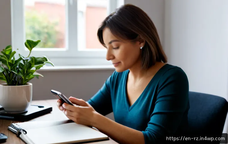 마인드풀테크란 무엇인가 - Photorealistic mindful technology lifestyle scene, a relaxed middle-aged woman seated at a tidy home...