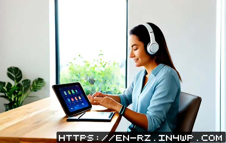 마인드풀테크 툴 비교  어떤 것을 선택할까 - Photorealistic home office scene for comparing mindfulness technology tools, a relaxed middle-aged w...