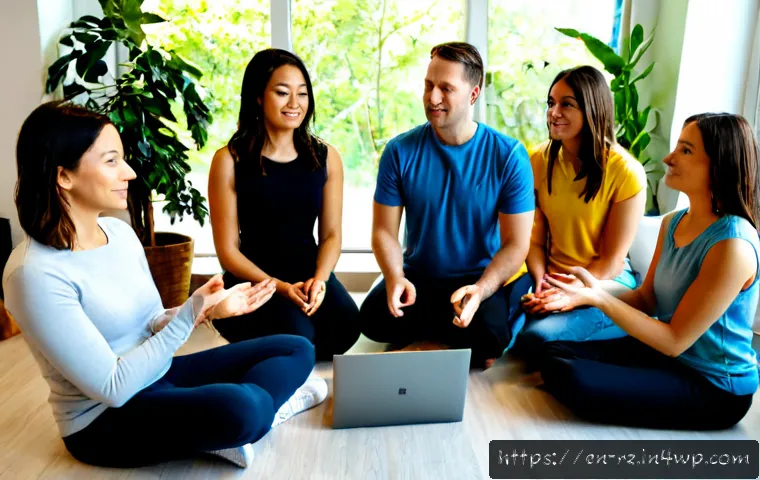 마인드풀테크와 기업 문화 개선 - Photorealistic modern American office wellness workshop, diverse team of adults seated in a bright c...